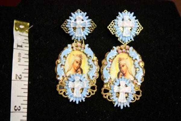 SOLD! 3726 Madonna Virgin Mary Hand Painted Cross Blue Earrings Studs - Image 3