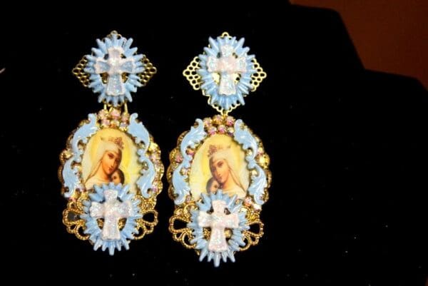 SOLD! 3726 Madonna Virgin Mary Hand Painted Cross Blue Earrings Studs - Image 4