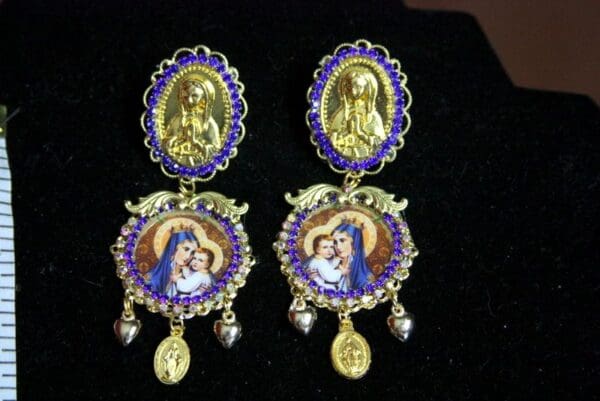 SOLD! 3727 Madonna Virgin Mary Blue Earrings Studs - Image 4