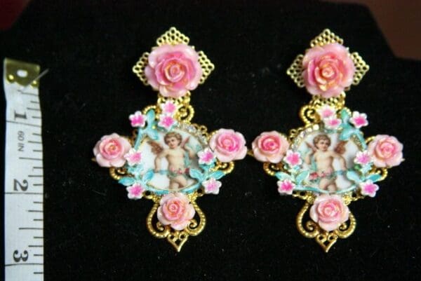SOLD! 3728 Cupid Cherub Hand Painted Roses Cross Earrings Studs - Image 3
