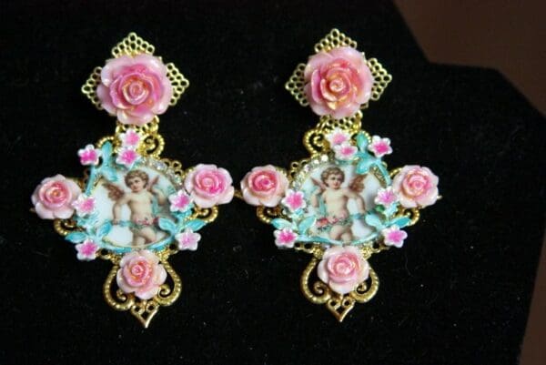 SOLD! 3728 Cupid Cherub Hand Painted Roses Cross Earrings Studs - Image 4