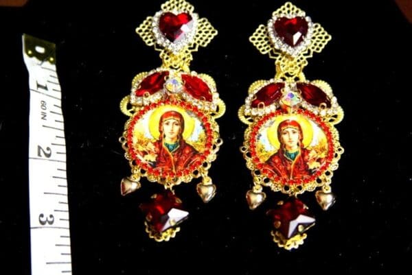 SOLD! 3729 Madonna Red Crystal Virgin Mary Earrings Studs - Image 3