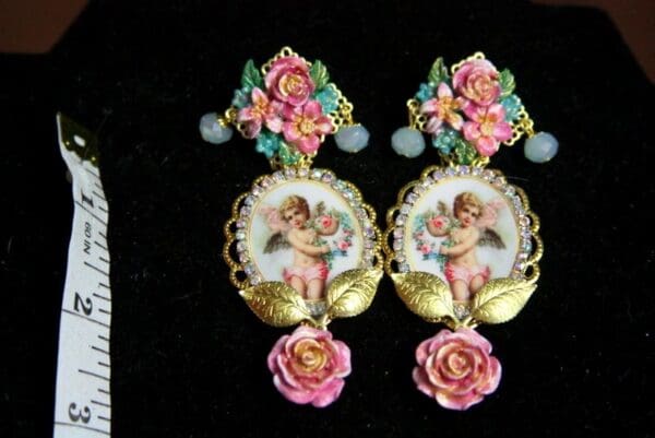 SOLD! 3730 Cupid Cherub Hand Painted Roses Earrings Studs - Image 3