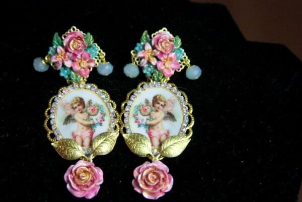 SOLD! 3730 Cupid Cherub Hand Painted Roses Earrings Studs - Image 4