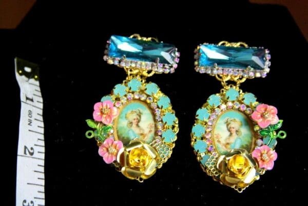 SOLD! 3732 Aqua Crystal Marie Antoinette Hand Painted Flowers Rose Elegant Earrings Studs - Image 3