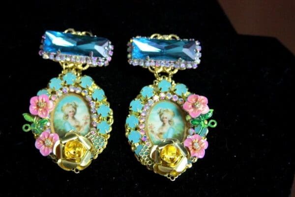 SOLD! 3732 Aqua Crystal Marie Antoinette Hand Painted Flowers Rose Elegant Earrings Studs - Image 4