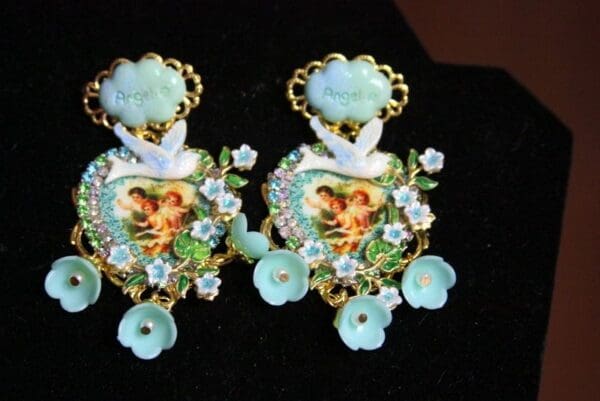SOLD! 3733 Cupid Cherub Heart Dove Earrings Studs - Image 4