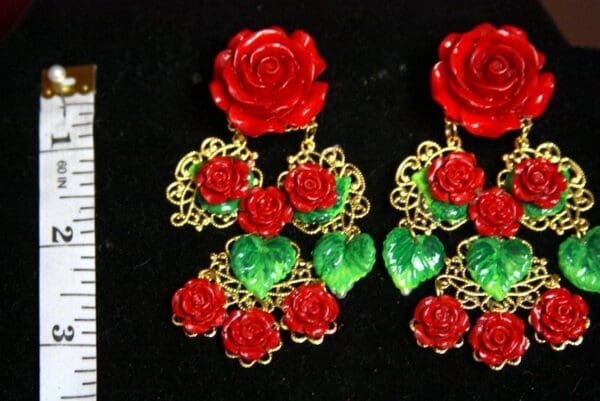 SOLD! 3736 Baroque Vivid Red Roses Massive Earrings Studs - Image 7