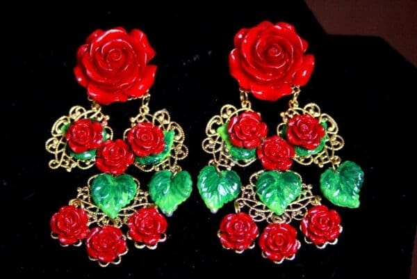 SOLD! 3736 Baroque Vivid Red Roses Massive Earrings Studs - Image 8
