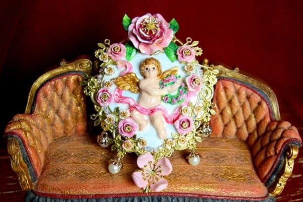 SOLD! 3746 Huge Hand Painted Cherub Roses Unique Brooch - Image 2