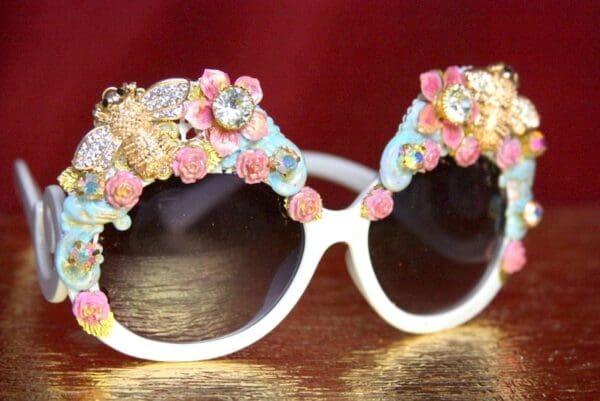 SOLD! 3752 Baroque Embellished Enamel Crystal Bee Pastel Flower Sunglasses - Image 2