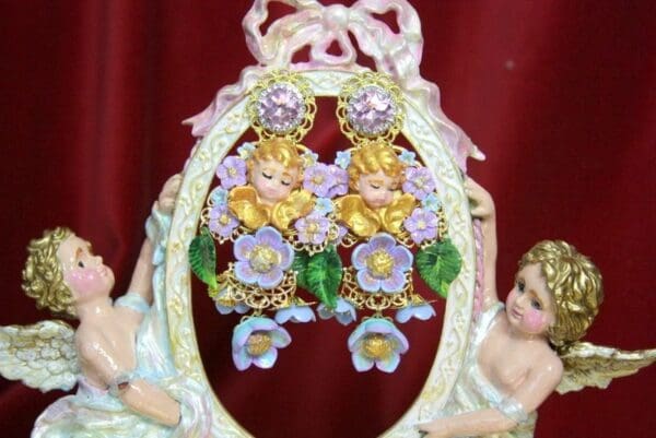 SOLD! 3754 Hand Painted Cherubs Baroque Flower Earrings Studs - Image 2