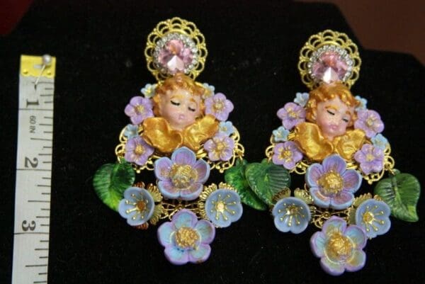 SOLD! 3754 Hand Painted Cherubs Baroque Flower Earrings Studs - Image 8