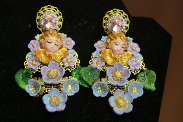 SOLD! 3754 Hand Painted Cherubs Baroque Flower Earrings Studs - Image 9