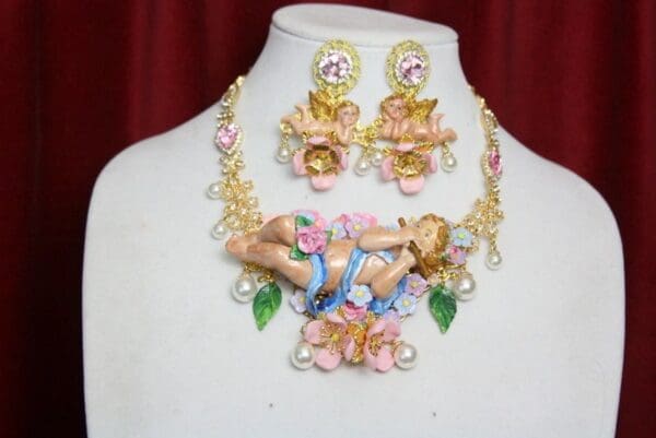 SOLD! 3756 Set Of Hand Painted Musical Vivid Cherubs Necklace+ Earrings - Image 2