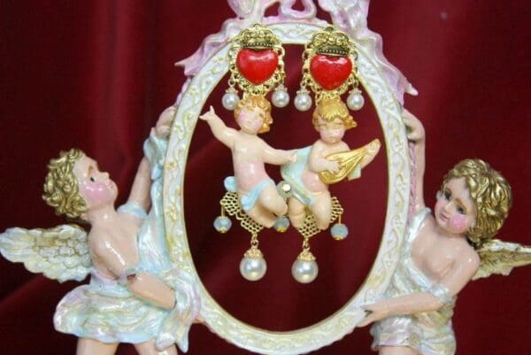SOLD! 3757 Hand Painted Cherubs Baroque Sacred Heart Earrings Studs - Image 2