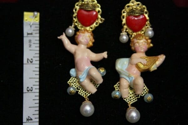 SOLD! 3757 Hand Painted Cherubs Baroque Sacred Heart Earrings Studs - Image 8