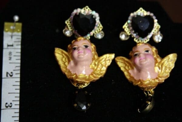 SOLD! 3767 Hand Painted Cherubs Baroque Black Crystal Earrings Studs - Image 6