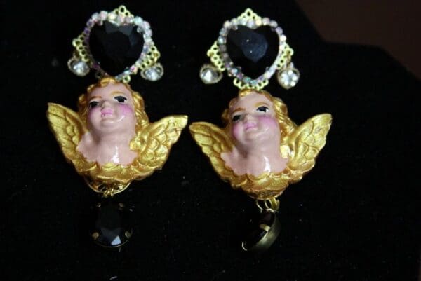 SOLD! 3767 Hand Painted Cherubs Baroque Black Crystal Earrings Studs - Image 7