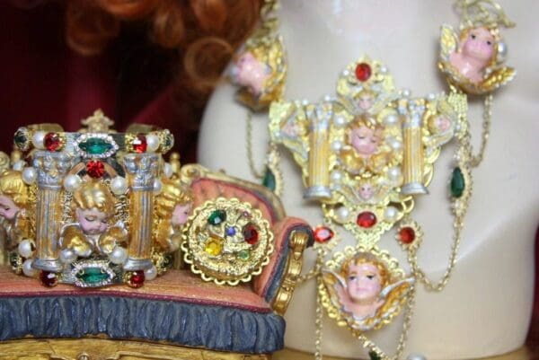 SOLD! 3770 Set Of Hand Painted Cathedral Style Vivid Cherubs Necklace+ Earrings - Image 9