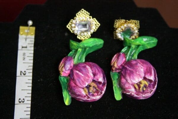 SOLD! 3771 Hand Painted Tulip Crystal Studs Earrings - Image 6
