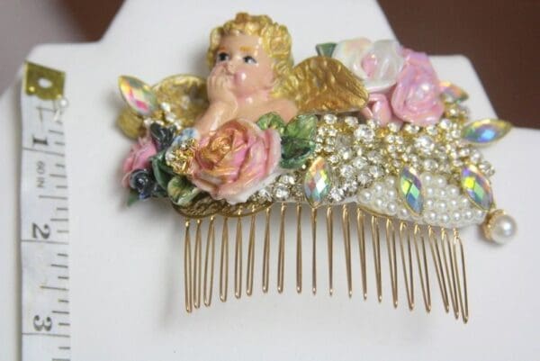 SOLD! 3804 Hair Comb Total Baroque Hand Painted Cherub Ceramic Roses Crystal - Image 2