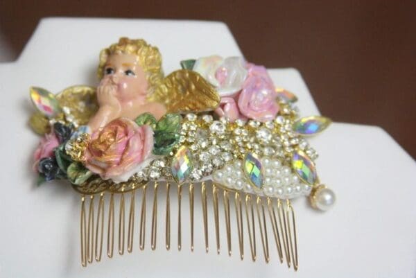 SOLD! 3804 Hair Comb Total Baroque Hand Painted Cherub Ceramic Roses Crystal - Image 3