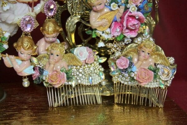 SOLD! 3804 Hair Comb Total Baroque Hand Painted Cherub Ceramic Roses Crystal - Image 5