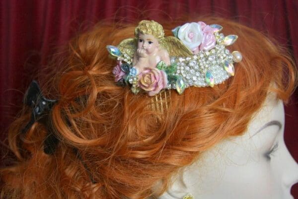 SOLD! 3804 Hair Comb Total Baroque Hand Painted Cherub Ceramic Roses Crystal - Image 6