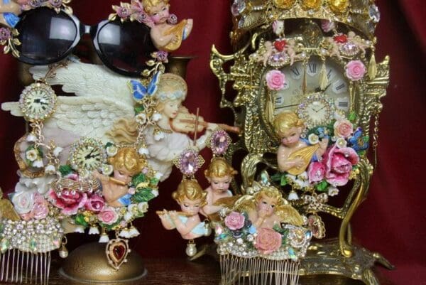 SOLD! 3805 Hair Comb Total Baroque Hand Painted Cherub Ceramic Roses Crystal - Image 3
