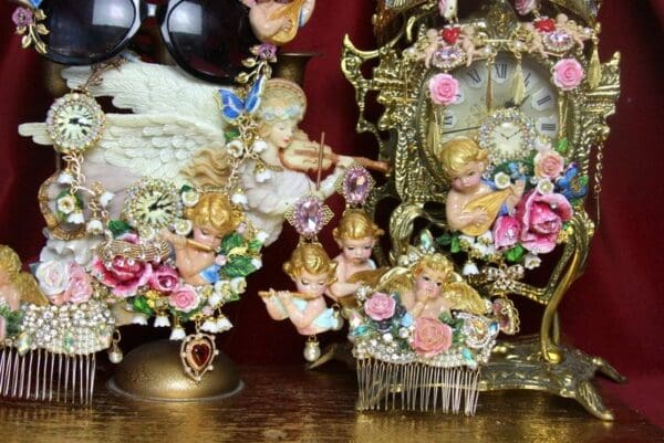 SOLD! 3805 Hair Comb Total Baroque Hand Painted Cherub Ceramic Roses Crystal - Image 4