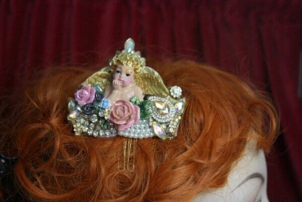 SOLD! 3805 Hair Comb Total Baroque Hand Painted Cherub Ceramic Roses Crystal - Image 6