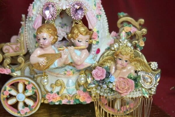 SOLD! 3805 Hair Comb Total Baroque Hand Painted Cherub Ceramic Roses Crystal - Image 8