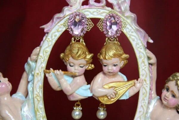 SOLD! 3809 Baroque Hand Painted Vivid Cherubs Dangle Flowersl Earrings Studs - Image 3