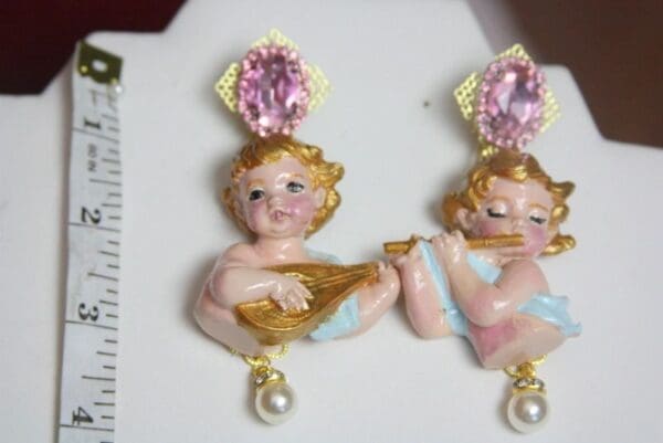 SOLD! 3809 Baroque Hand Painted Vivid Cherubs Dangle Flowersl Earrings Studs - Image 8