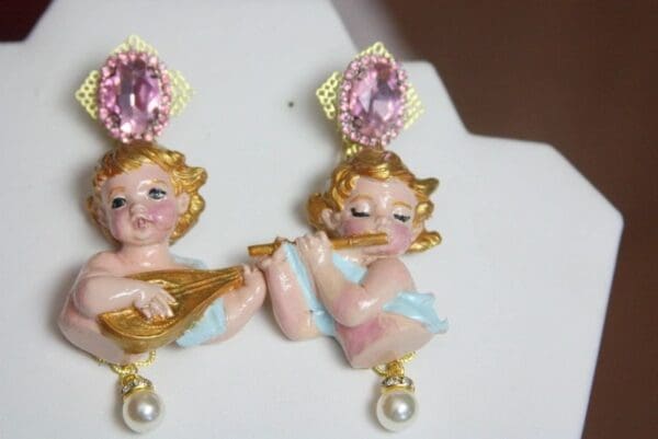 SOLD! 3809 Baroque Hand Painted Vivid Cherubs Dangle Flowersl Earrings Studs - Image 9