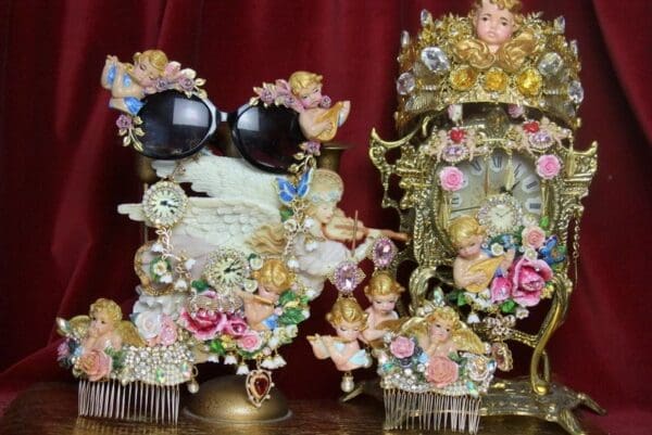 SOLD! 3810 Set Of Hand Painted Cherub Watch Fife Lily Of The Valley 3D Effect Statement Necklace+ Earrings - Image 5