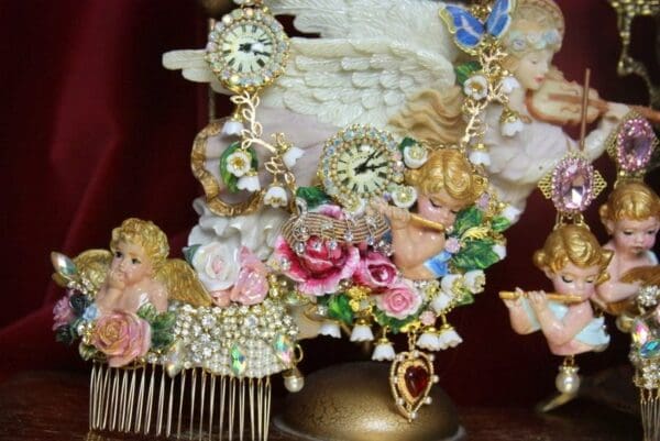 SOLD! 3810 Set Of Hand Painted Cherub Watch Fife Lily Of The Valley 3D Effect Statement Necklace+ Earrings - Image 7