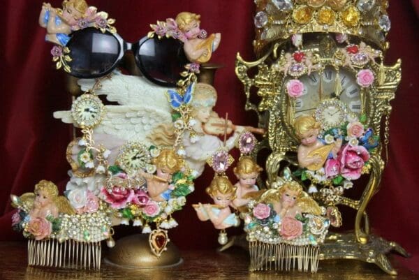 SOLD! 3811 Set Of Hand Painted Cherub Watch Mandolin 3D Effect Statement Necklace+ Earrings - Image 4