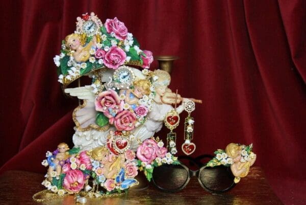 SOLD! 3811 Set Of Hand Painted Cherub Watch Mandolin 3D Effect Statement Necklace+ Earrings - Image 10