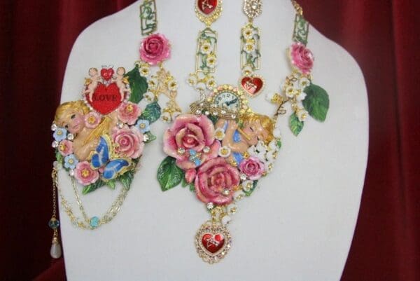 SOLD! 3819 Huge Hand Painted Musical Cherub Mandolin Heart Unique Brooch - Image 4