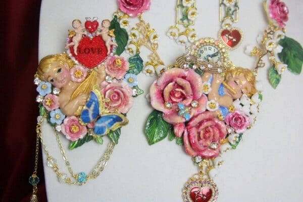 SOLD! 3820 Set Of Hand Painted Cherub Watch Fife Lily Of The Valley 3D Effect Statement Necklace+ Earrings - Image 8
