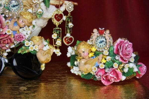 SOLD! 3822 Baroque Hand Painted Vivid Musical Mandolin Cherub Putti Angel Clock Crown - Image 3