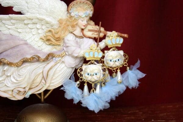SOLD! 3831 Baroque Enamel Victorian Crown Tassel Pearl Cat Earrings - Image 2