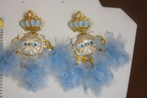 SOLD! 3831 Baroque Enamel Victorian Crown Tassel Pearl Cat Earrings - Image 4