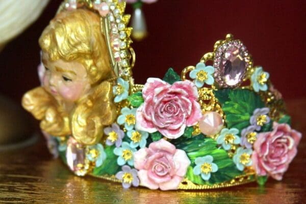 SOLD! 3832 Set Of Baroque Hand Painted Cherub Putti Angel Flowers Crown+ Earrings - Image 9