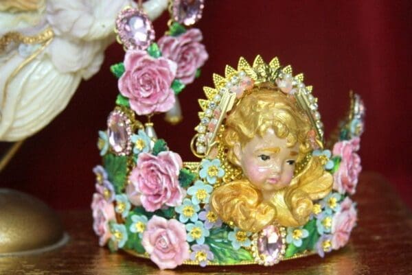 SOLD! 3832 Set Of Baroque Hand Painted Cherub Putti Angel Flowers Crown+ Earrings - Image 10