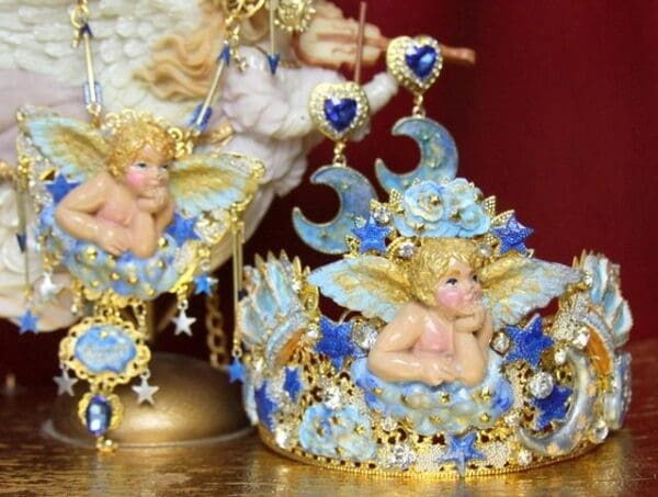SOLD! 3833 Set Of Archangel Gabriel Clouds Moon Crystal Crown Headband+ Earrings