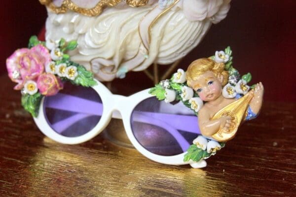 SOLD! 3835 Baroque Hand Painted Musical Cherub Mandolin Lilly Of The Valley Rose Embellished Sunglasses - Image 7