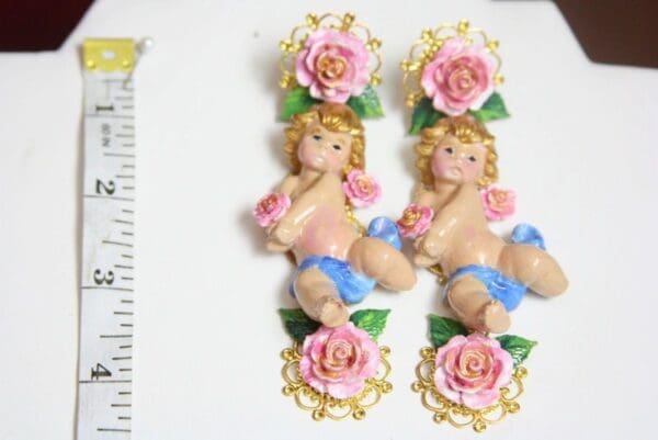 SOLD! 3846 Baroque Hand Painted Vivid Roses Cherubs Earrings Studs - Image 8